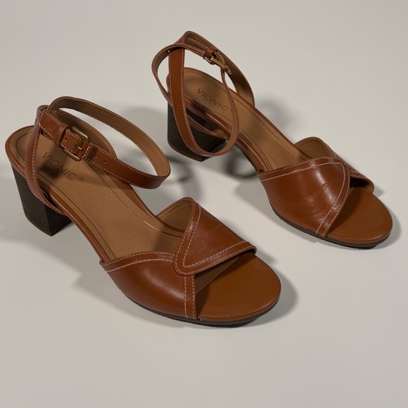 Vionic Shoes - Vionic Tan Leather Block Heel Sandals Ankle Strap Boho Minimalist Brown Women 10